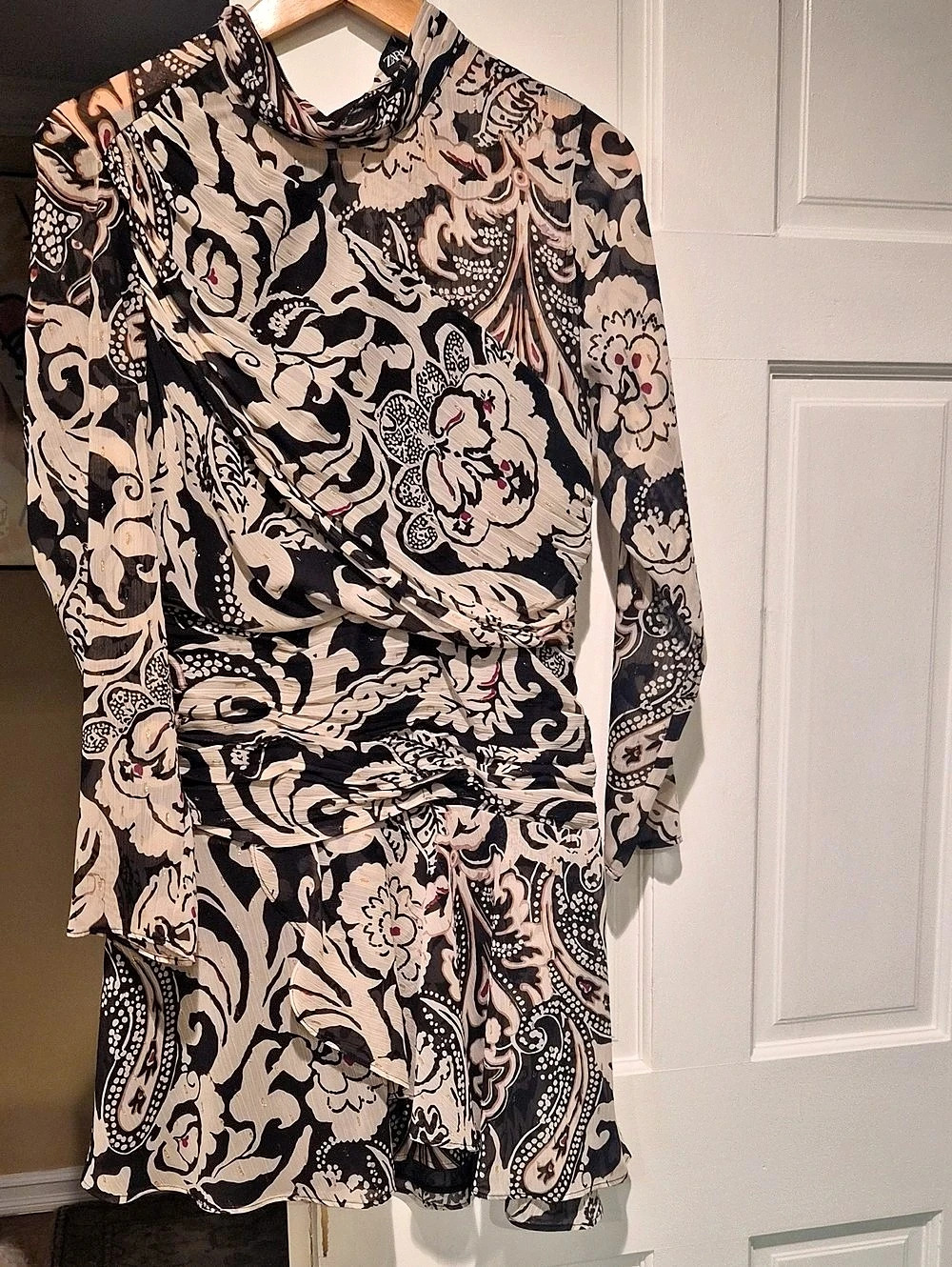 Paisley Long Sleeve Mini Dress in Black & Pink Like New